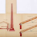 Sezione della ciminiera e dettaglio delle capriate. Section of the chimney stack and details of the timber roof truss.